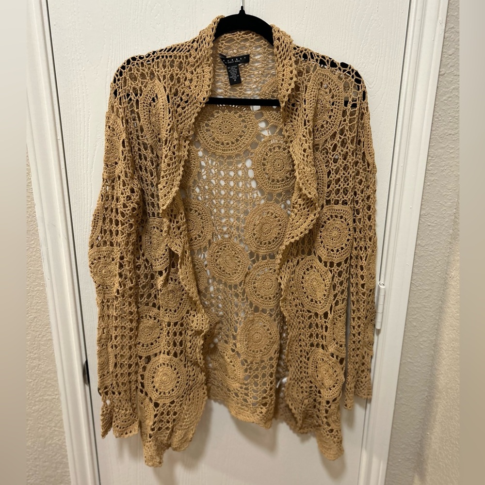 Laundry By Shelli Segal Crochet Open Long Sleeve Cardigan Tan Size Medium Boho